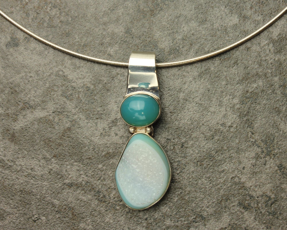 Caribbean Druzy Necklace, Caribbean Blue Chalcedony & Blue Druzy Cabochon In Sterling Silver