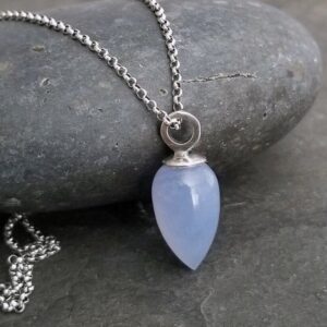 Blue chalcedony inverted teardrop necklace with oxidized silver rolo chain, genuine gemstone, handmade