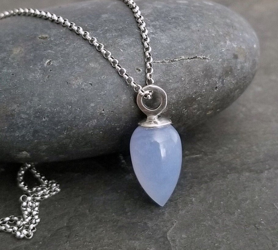 Blue Chalcedony Inverted Teardrop Necklace With Oxidized Silver Rolo Chain, Genuine Gemstone, Handmade Blue Chalcedony Inverted Teardrop Necklace With Oxidized Silver Rolo Chain, Genuine Gemstone, Handmade