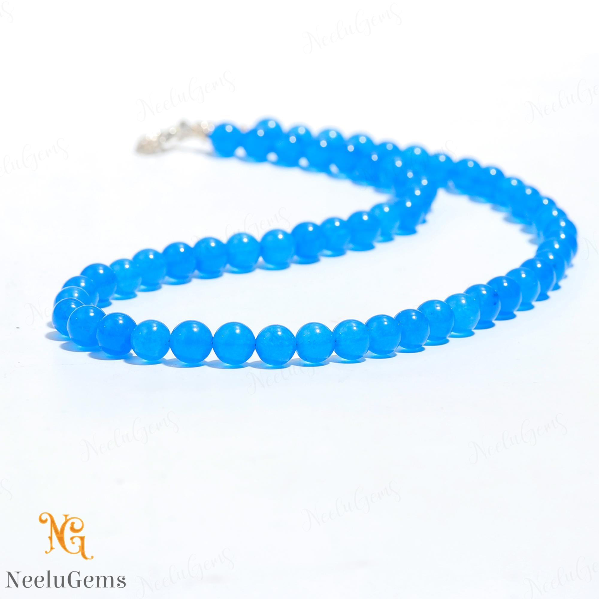 Natural Blue Chalcedony Necklace, 8mm Genuine Beaded Jewelry, Calming Blue Lace Stone, Handmade Minimalist Gift For Her, Serenity Jewelry