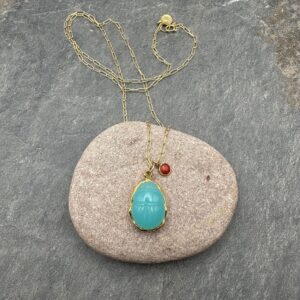 Blue Chalcedony Scarab Necklace: Vermeil Gold, Red Coral, 14k Gold-Fill Chain