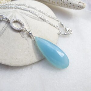 Sky Blue Chalcedony Teardrop Necklace, Sterling Silver Cz Link