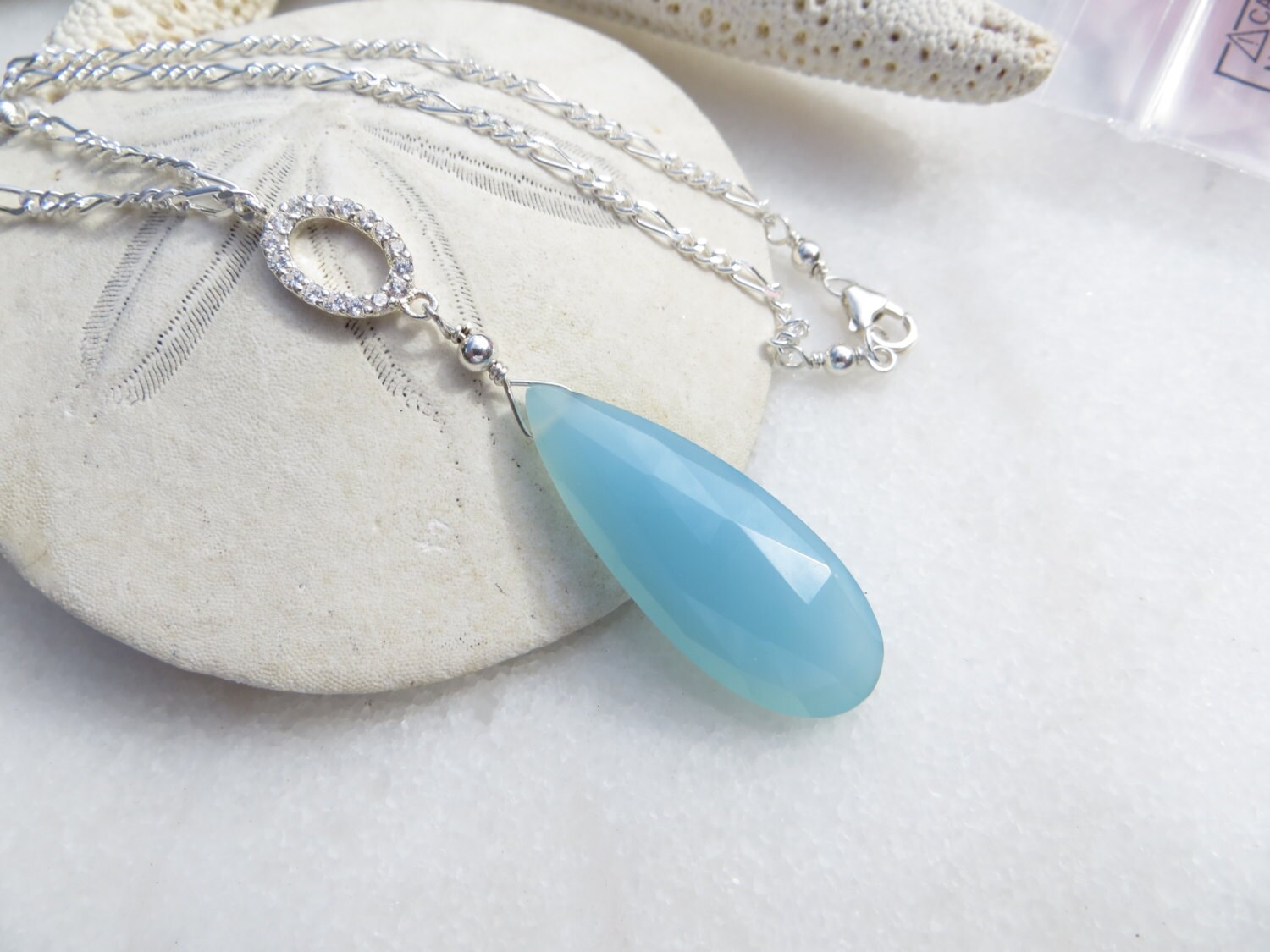 Sky Blue Chalcedony Teardrop Necklace, Sterling Silver Cz Link
