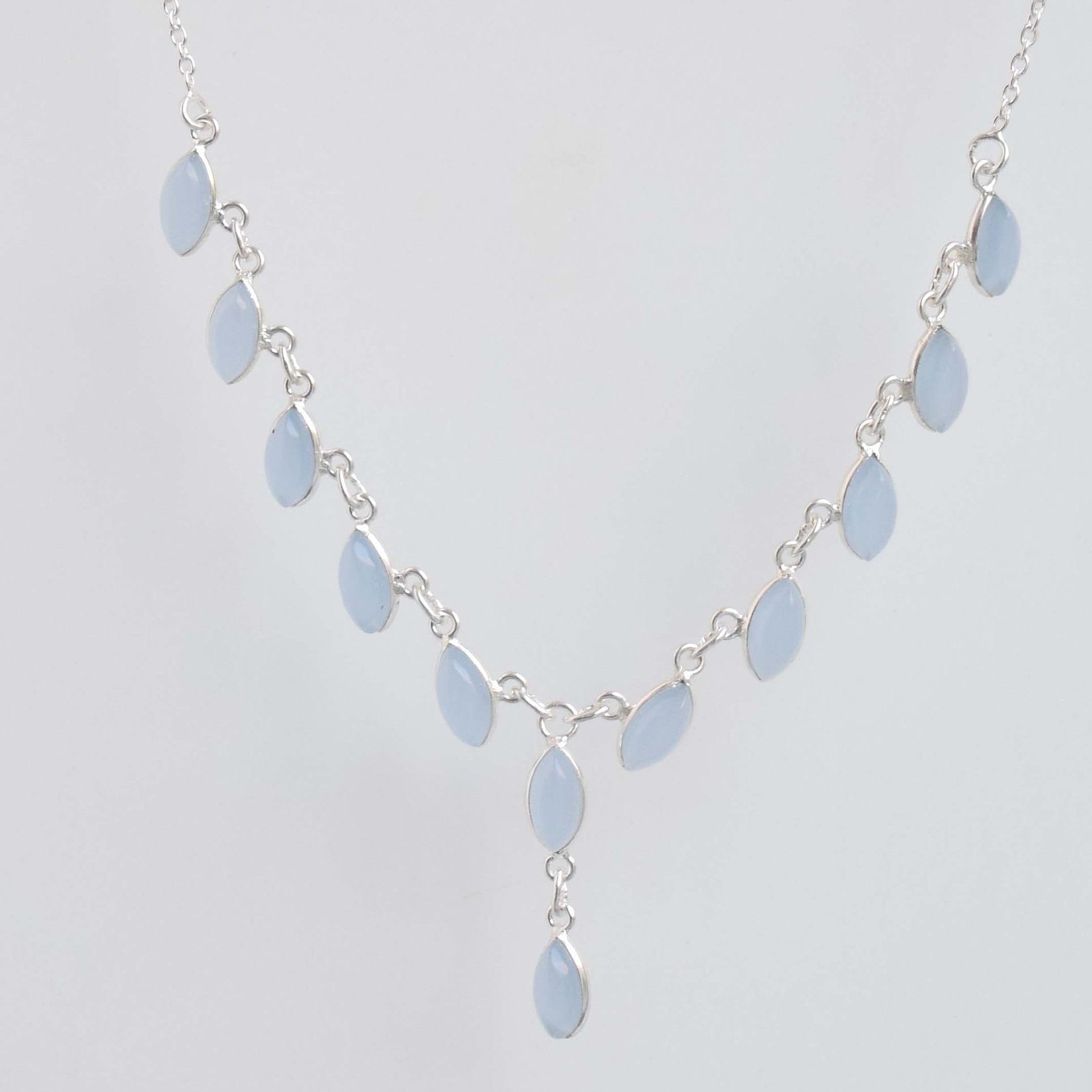 Blue Chalcedony Sterling Silver Necklace: Handmade Marquise Gemstone Chain