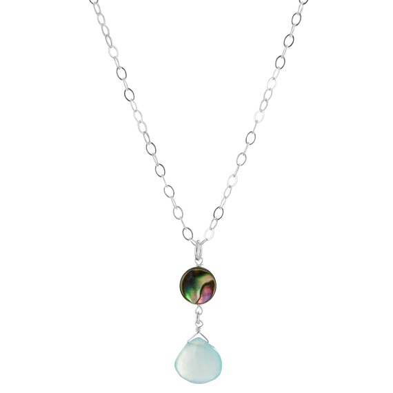 Unique Blue Gemstone Necklace, Aqua Blue Chalcedony, Mother Of Pearl Silver Necklace, Birthday & Christmas Gifts For Her For Mom