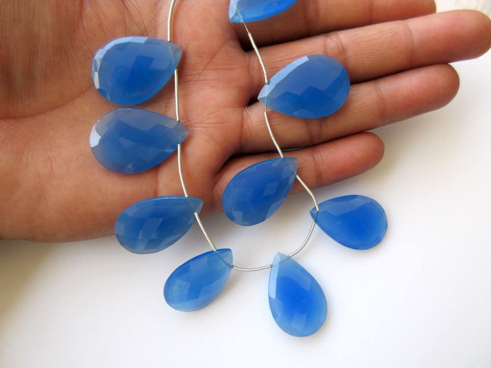 10 Pieces Blue Chalcedony Faceted Pear Shaped Briolette Beads, 20x30mm Calibrated Blue Chalcedony Briolettes, Gds816