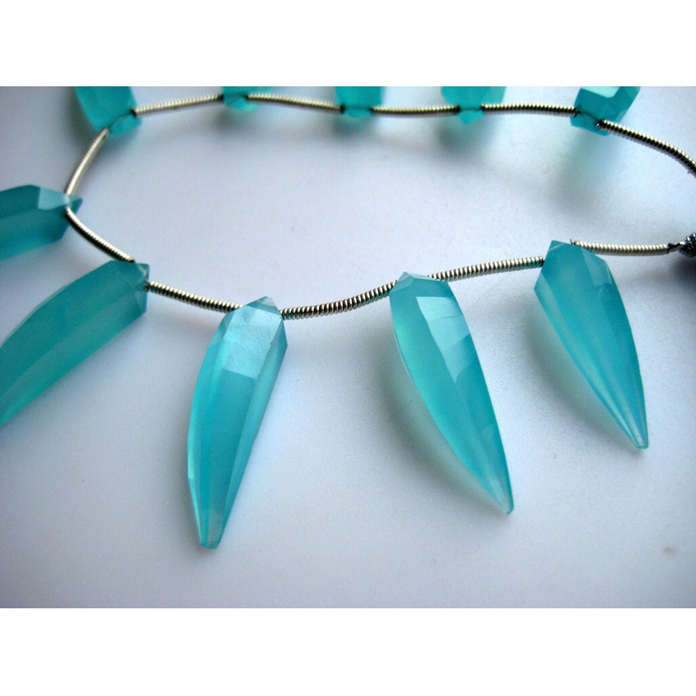 10 Pieces Aqua Blue Chalcedony Briolette Beads, 25mm To 18 Each Faceted Horn Shaped Chalcedony Gemstones