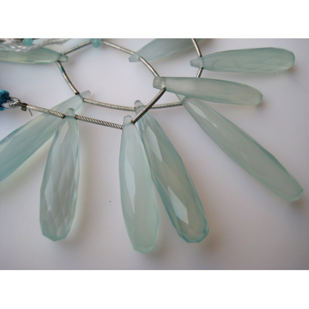 12 Pieces Aqua Chalcedony Long Drop Beads, Blue Chalcedony Briolette Beads Teardrop Beads, Faceted Gemstones, 35mm Each
