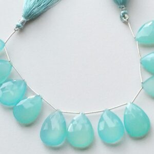 18x13mm To 19x14mm Aqua Chalcedony Faceted Pear, Blue Chalcedony Briolettes, Aqua Color Gemstones For Jewelry, 13 Pieces In 8 Inch Strand