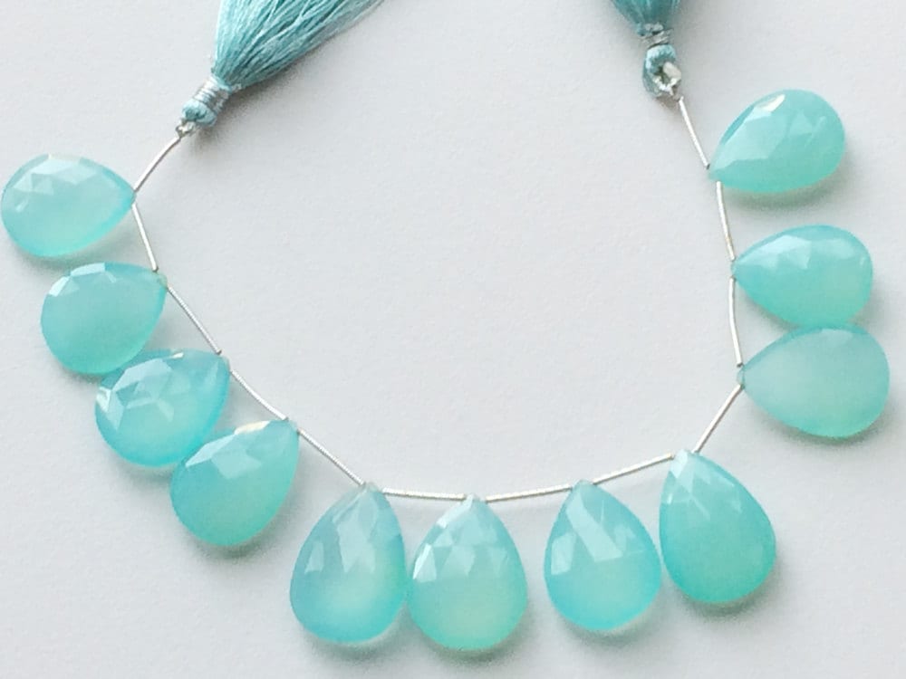 18x13mm To 19x14mm Aqua Chalcedony Faceted Pear, Blue Chalcedony Briolettes, Aqua Color Gemstones For Jewelry, 13 Pieces In 8 Inch Strand 18x13mm To 19x14mm Aqua Chalcedony Faceted Pear, Blue Chalcedony Briolettes, Aqua Color Gemstones For Jewelry, 13 Pieces In 8 Inch Strand