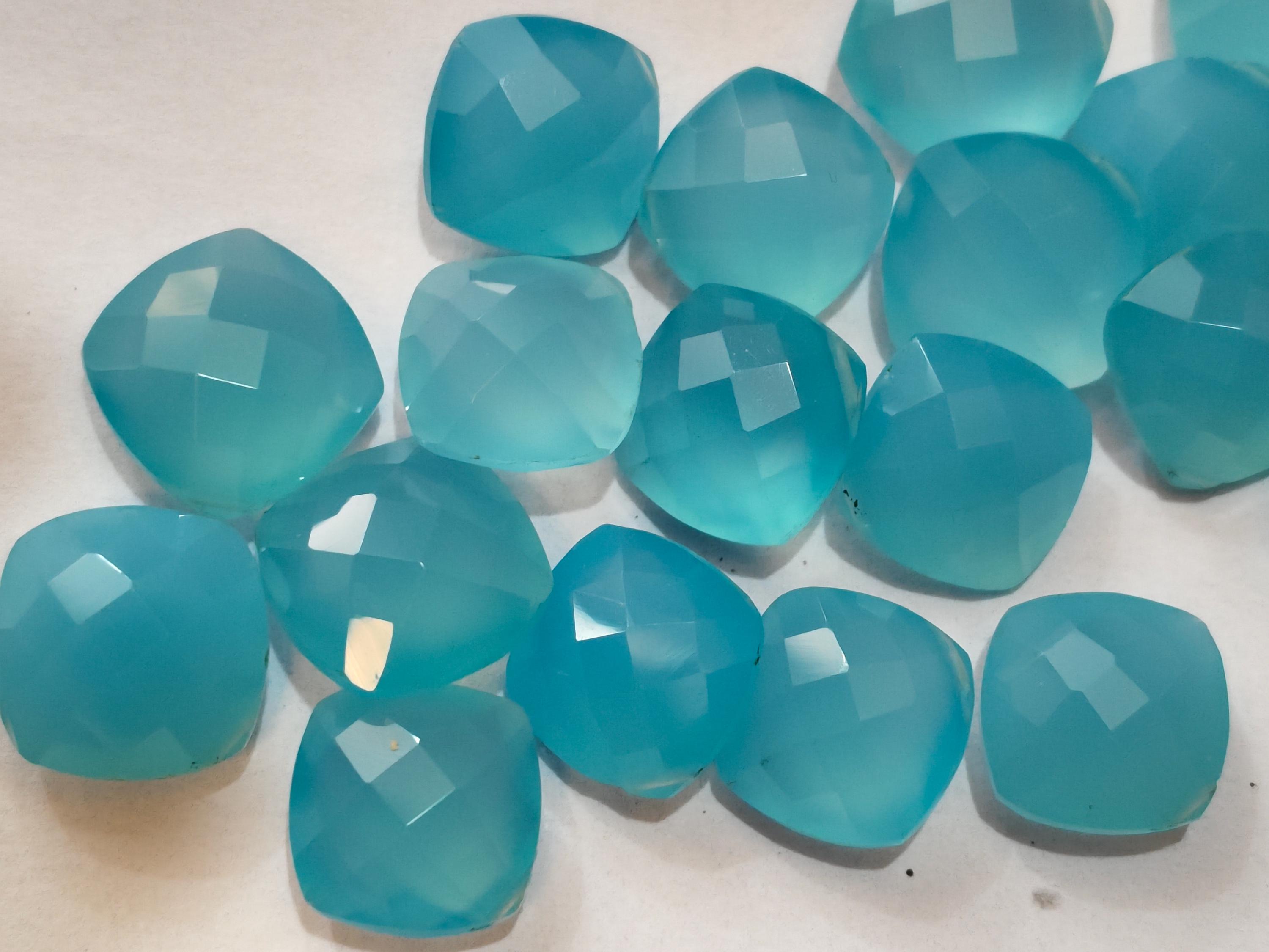 3 Matched Pair, Sky Blue Chalcedony Faceted Cushion Shape Briolettes,size 10mm