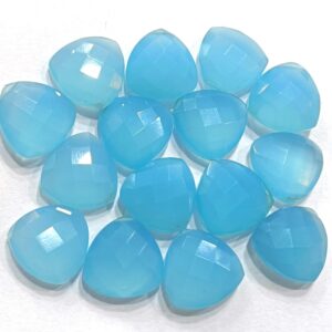 3 Matched Pair, Sky Blue Chalcedony Faceted Trillion Shape Briolettes,Size 14mm 3 Matched Pair, Sky Blue Chalcedony Faceted Trillion Shape Briolettes,Size 14mm
