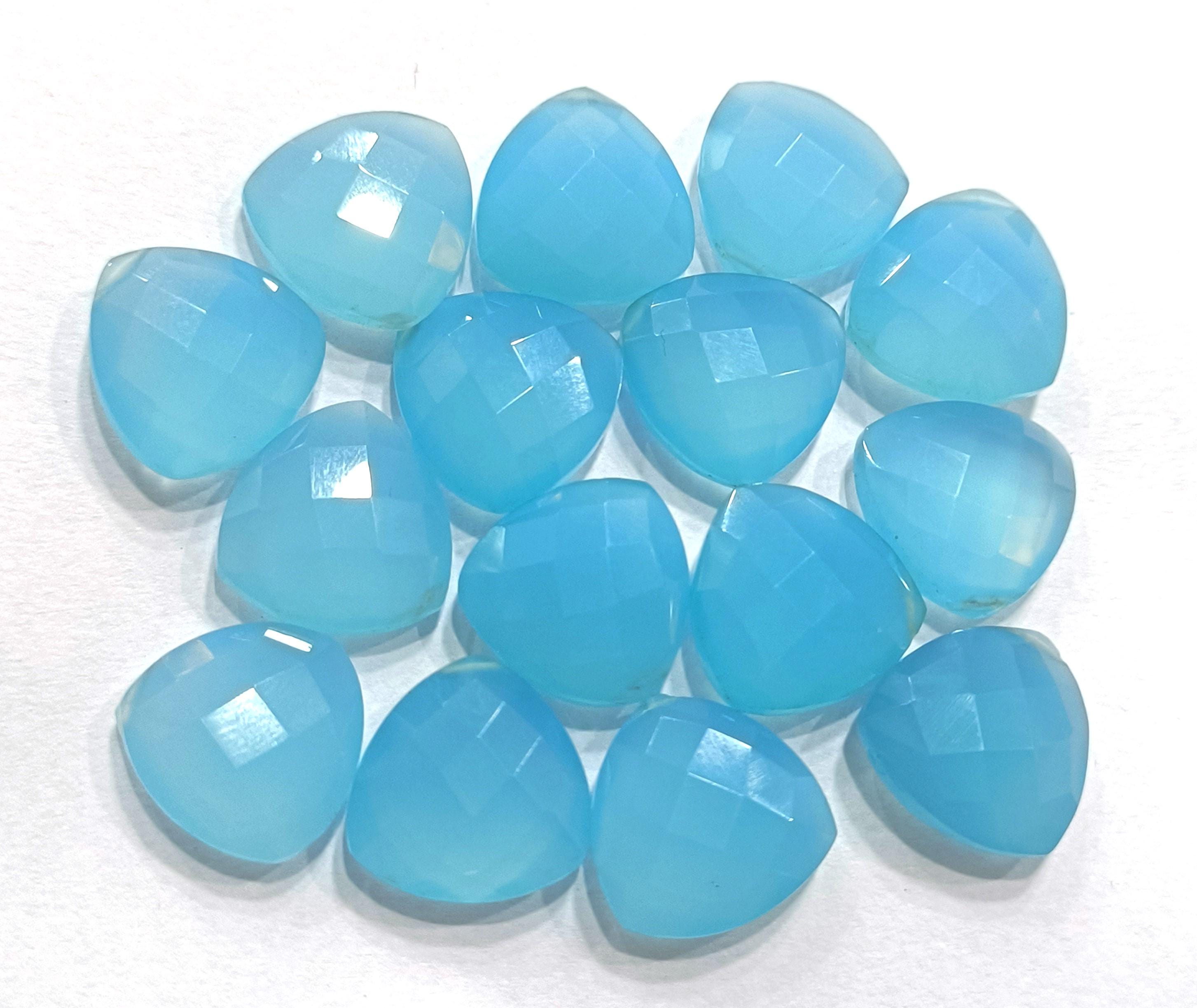 3 Matched Pair, Sky Blue Chalcedony Faceted Trillion Shape Briolettes,size 14mm 3 Matched Pair, Sky Blue Chalcedony Faceted Trillion Shape Briolettes,size 14mm