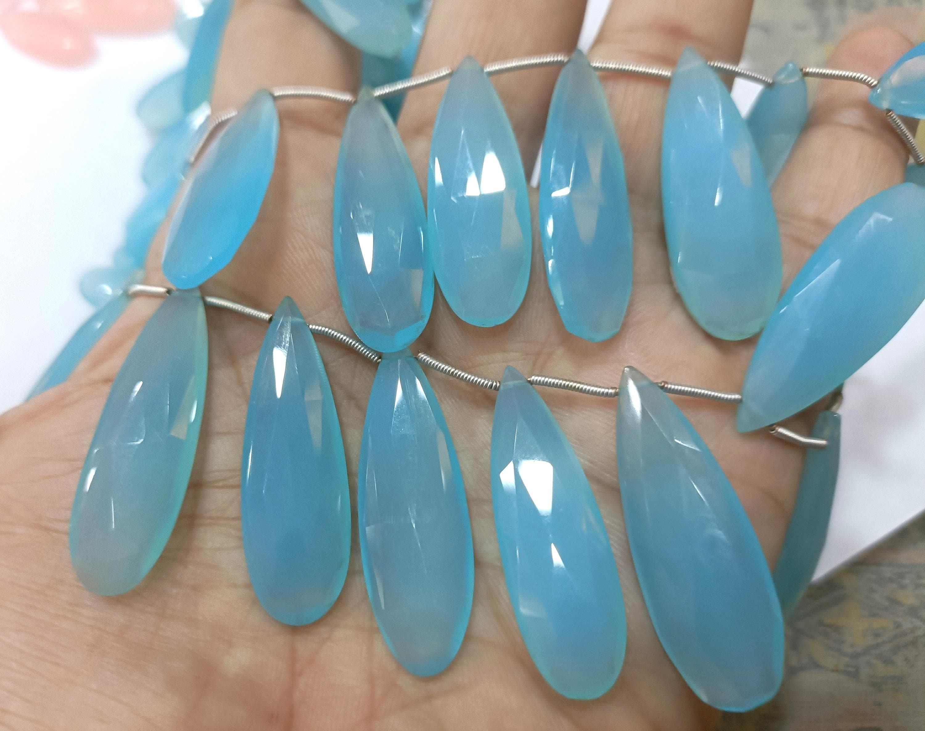 7 Inches Strand, 10 Beads, Sky Blue Chalcedony Faceted Pear Shape Briolettes,size 30-35mm