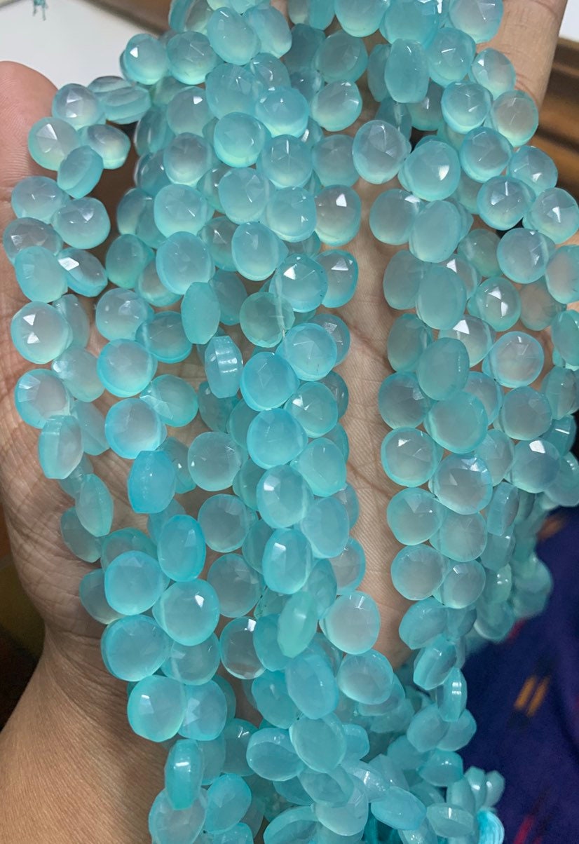 7.5 Inches Natural Chalcedony Heart Shape Briolettes Gemstone Beads, Blue Chalcedony Beads 8 / 8-9 / 9 Mm Approx An Amazing Item, Loose Beads