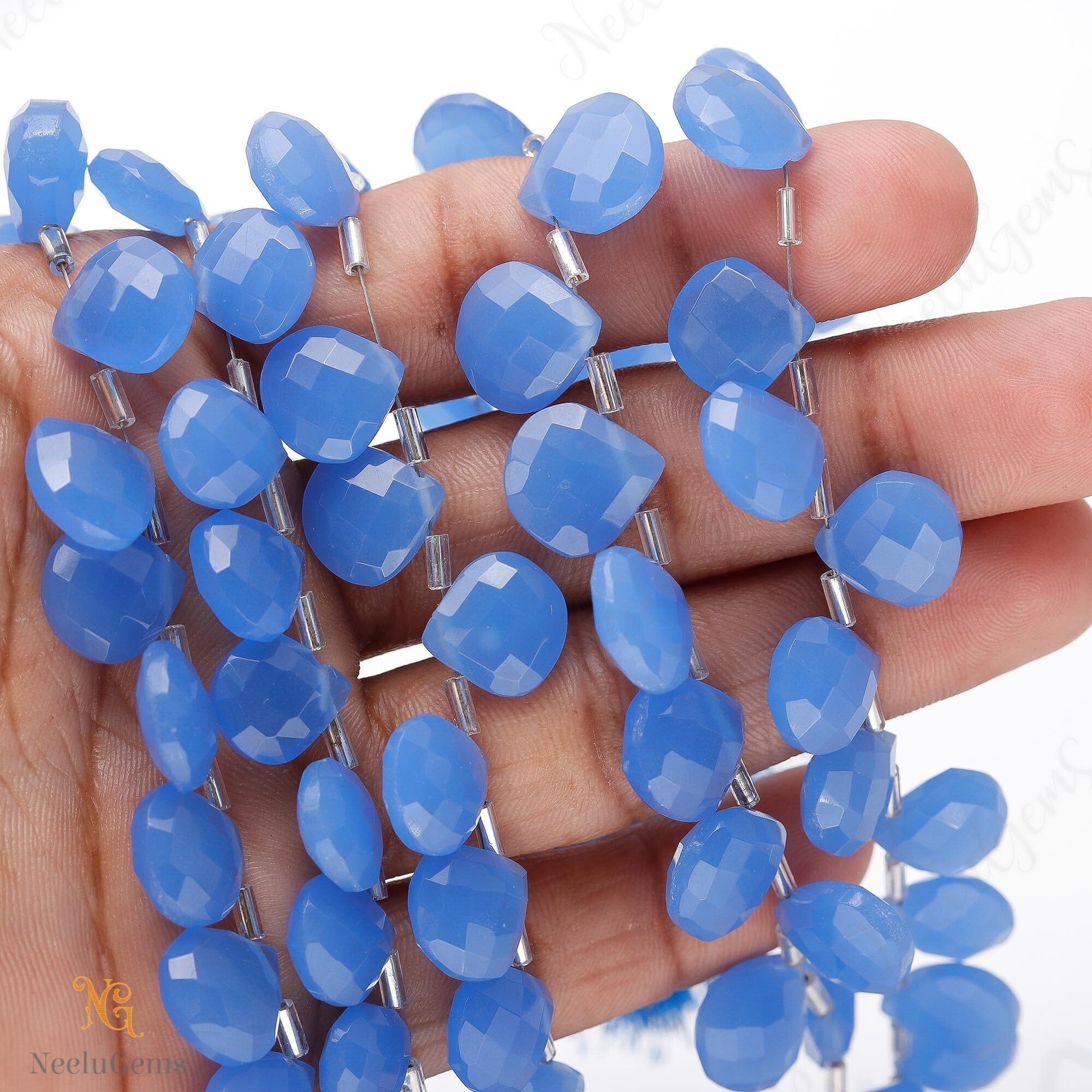Aaa+ Blue Chalcedony Faceted Heart Briolette Beads, Chalcedony Quartz Side Drill Heart Beads,10 Pcs Gemstone Beads For Handmade Jewelry