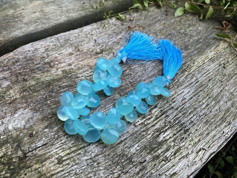 Aqua Blue Chalcedony Faceted Handcut Rustic  Briolette Beads 10-12mm Approx Choose Quantity Heart Briolettes