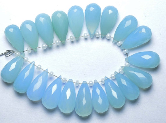 Aqua Chalcedony Teardrop Beads - 6 Pcs - Natural Faceted Aqua Blue Chalcedony Side Drilled Tear Drops Briolettes - Size Is 7x15 Mm #1878
