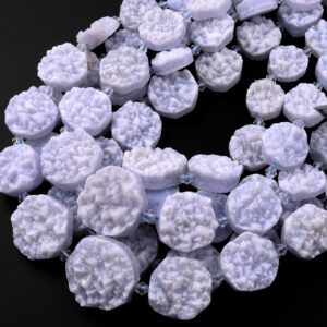 Rare Natural Blue Chalcedony Druzy Drusy Beads Hand Cut Coin Circle Sparkling Crystals 15.5" Full Strand