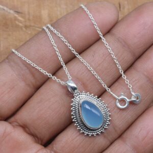 Blue Chalcedony 925 Sterling Silver Pear Pendant Necklace