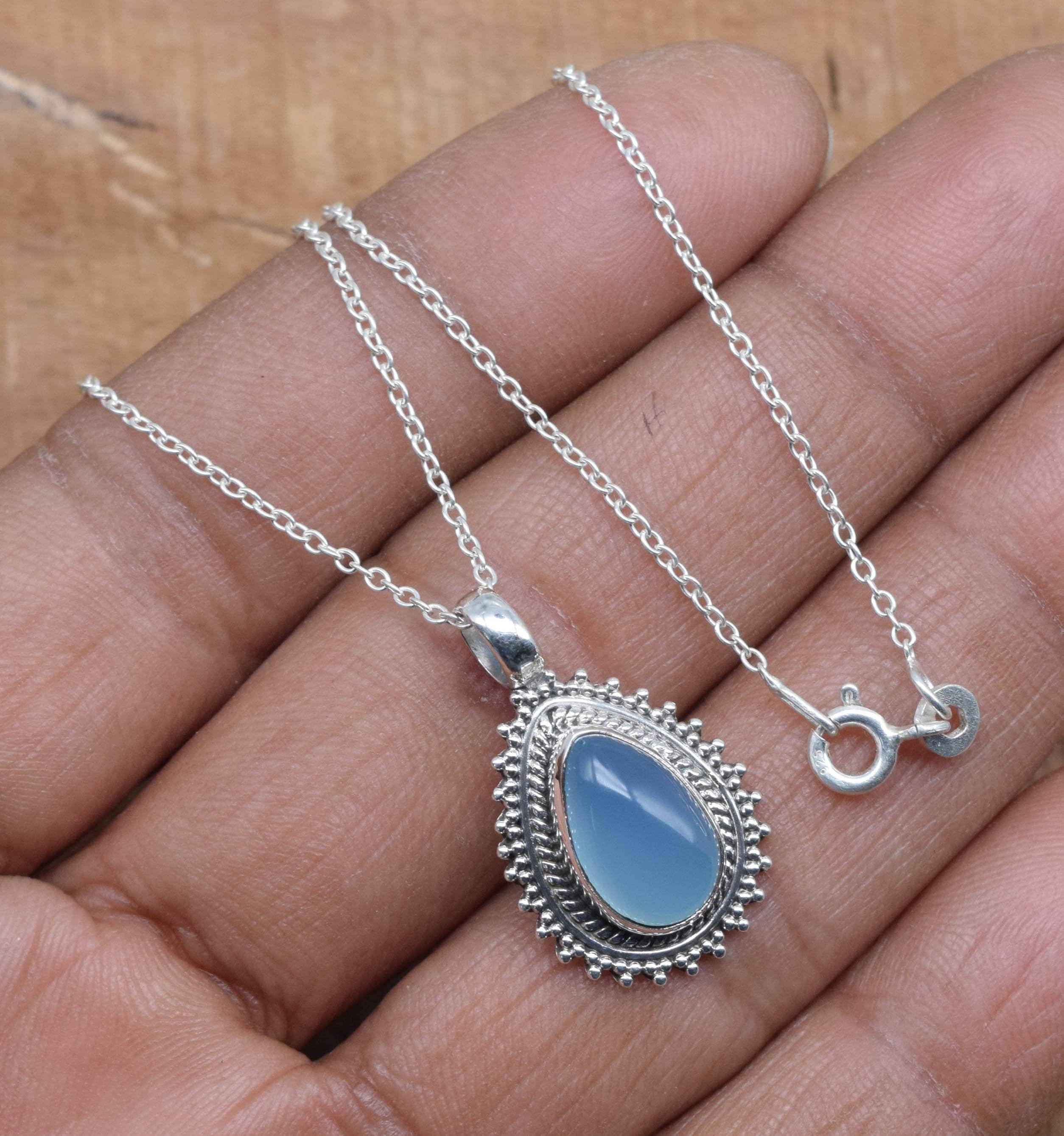 Blue Chalcedony 925 Sterling Silver Pear Pendant Necklace