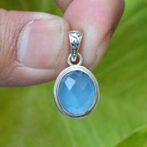 Blue Chalcedony 925 Sterling Silver Pendant: Handmade Boho Jewelry