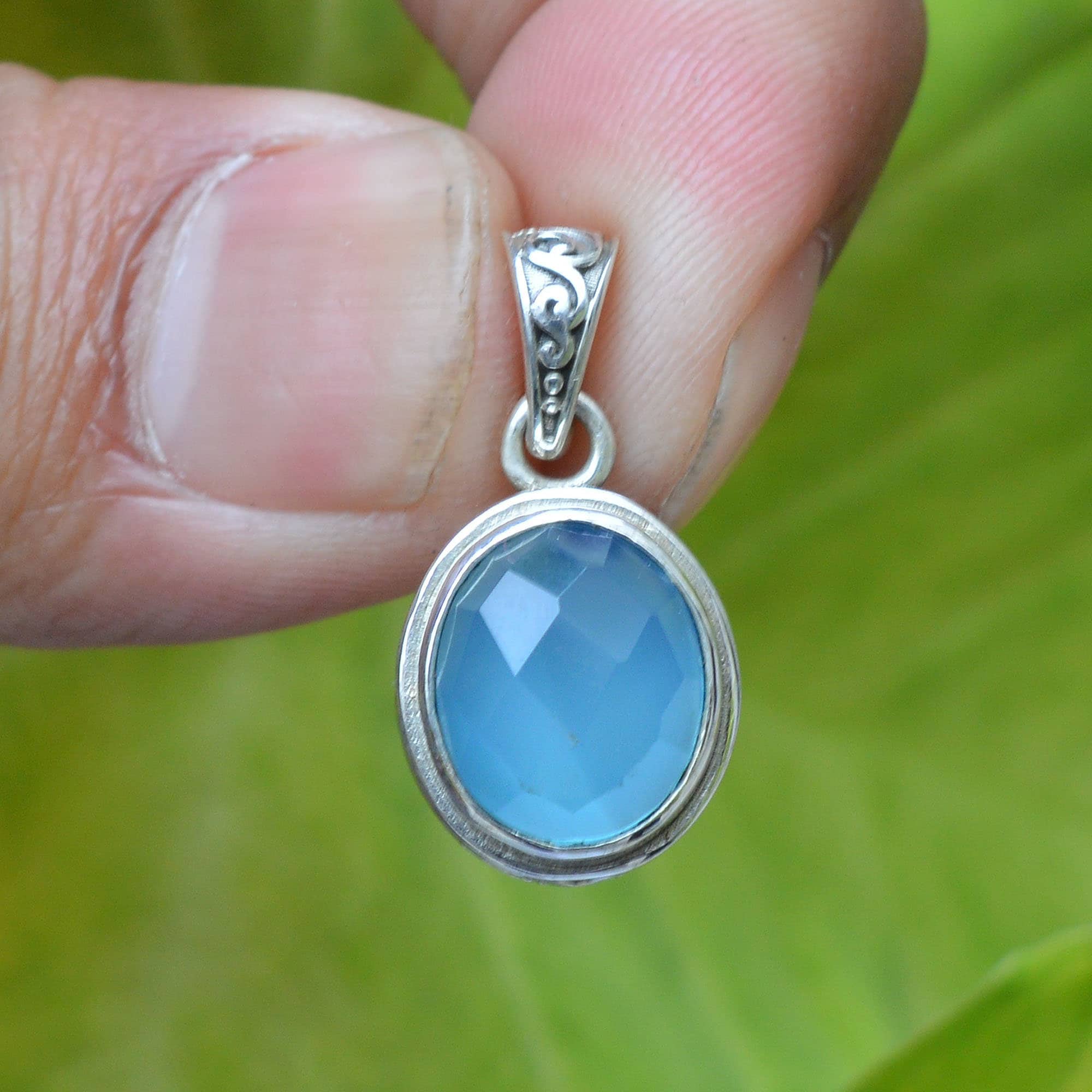 Blue Chalcedony 925 Sterling Silver Pendant: Handmade Boho Jewelry