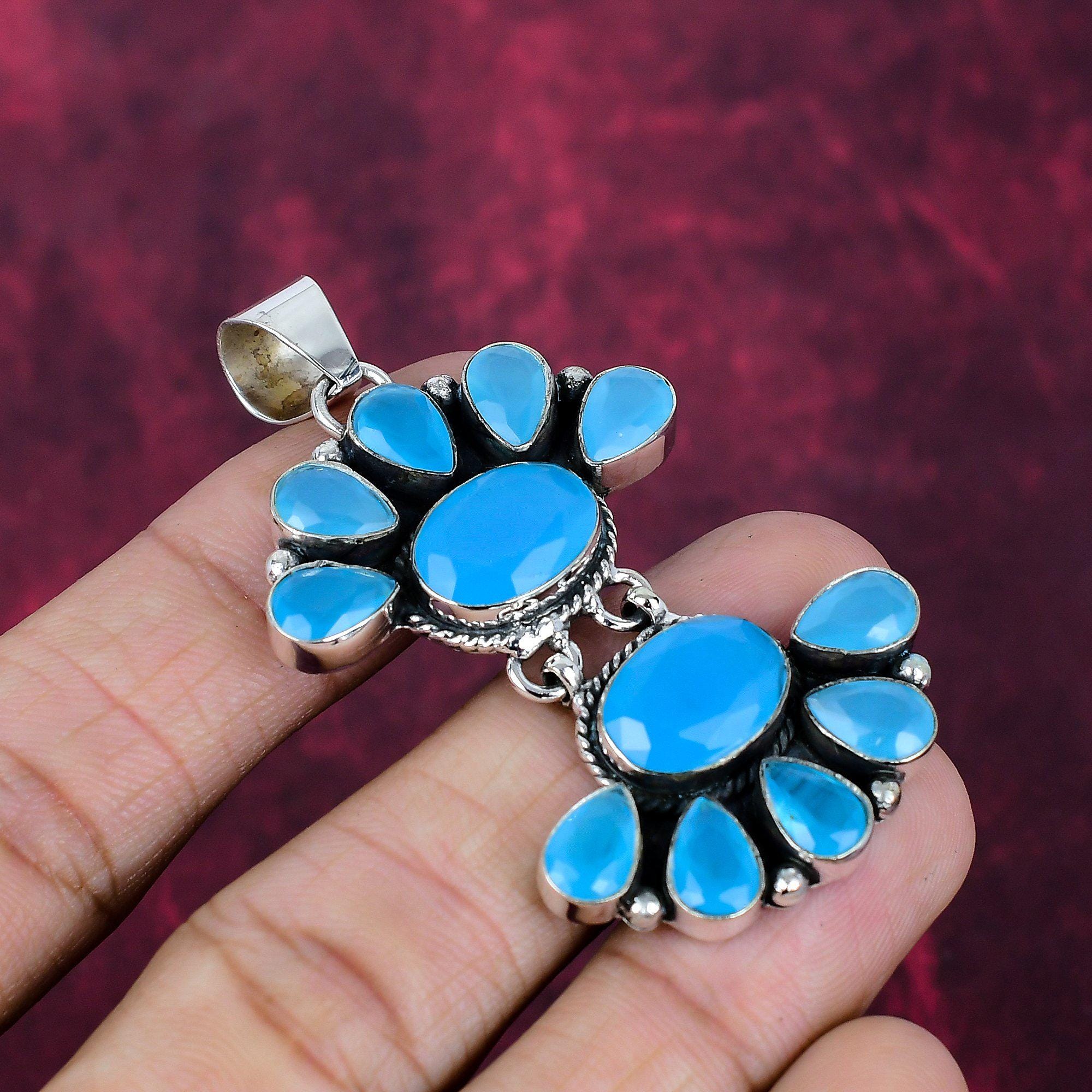 Blue Chalcedony 925 Sterling Silver Pendant , Handmade Pendant , Unisex Pendant ,flower Shape Jewelry, Bohemian Pendant New Year Gift