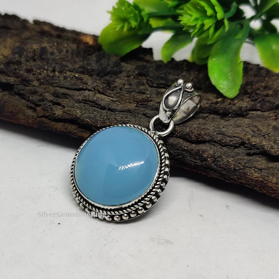 925 Sterling Silver Blue Chalcedony Pendant: Boho Wedding Jewelry, Dainty Jewelry