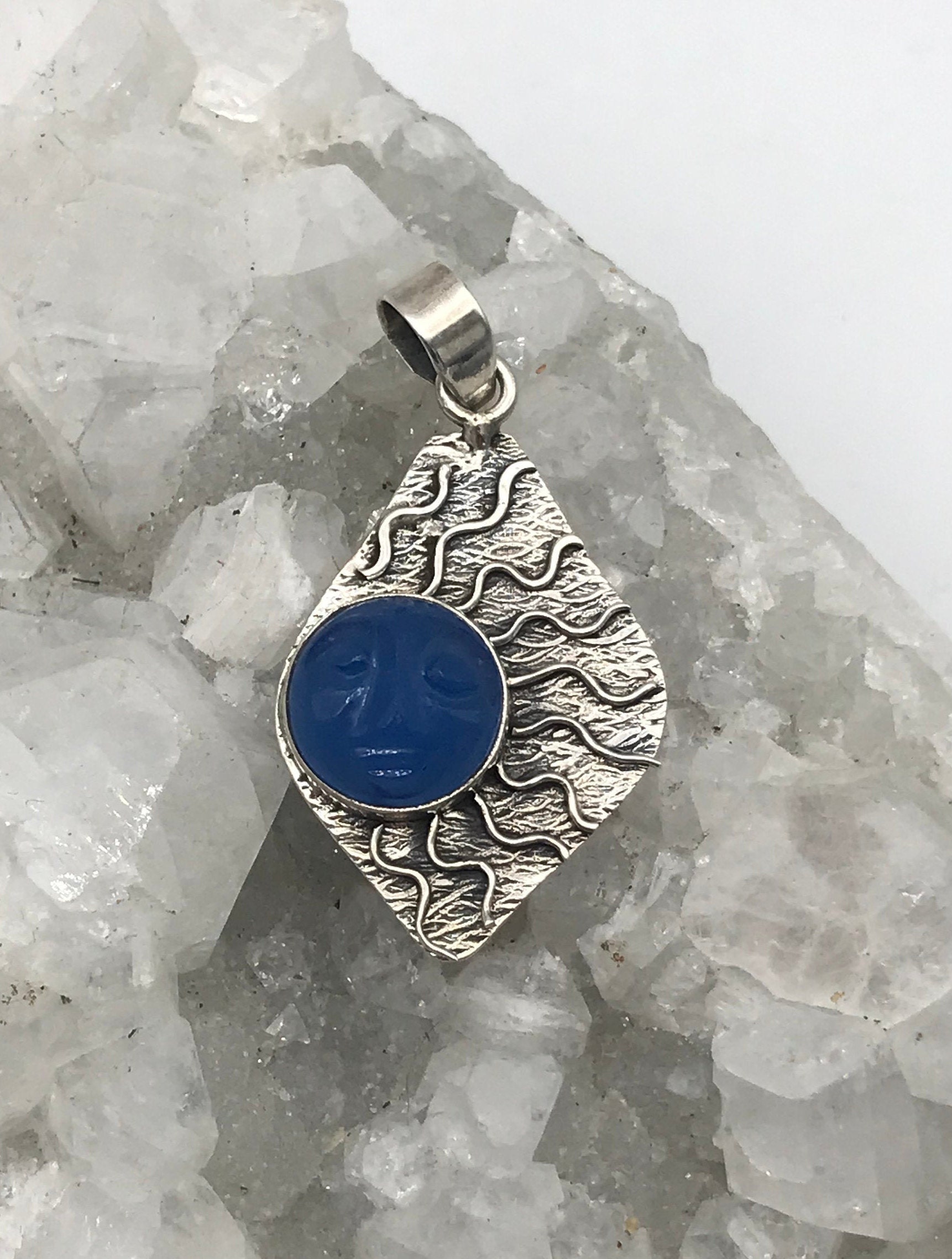 Beautiful Blue Chalcedony Carved Sun Pendant