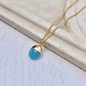 Cobalt Chalcedony Necklace, Dainty Gold Necklace, Blue Chalcedony Pendant, Blue Oval Charm, Minimalist Jewelry, Delicate Mother's Day Gift