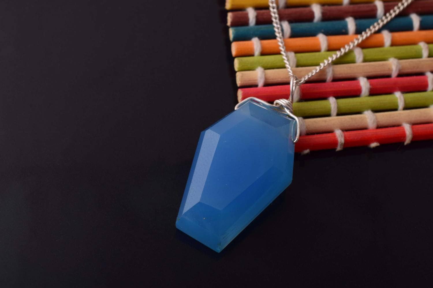 Blue Chalcedony Coffin Pendant, Gemstone Necklace, Unusual Pendant, Silver Jewelry, Wire Wrapped, Coffin Necklace, Dainty Pendant, Gift Her