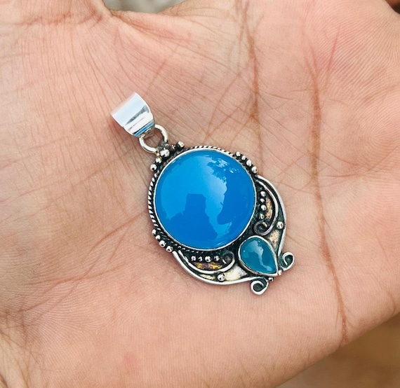 Blue Chalcedony Gemstone Pendant, Designer Women Pendant, Handmade Jewellery, 925 Sterling Silver