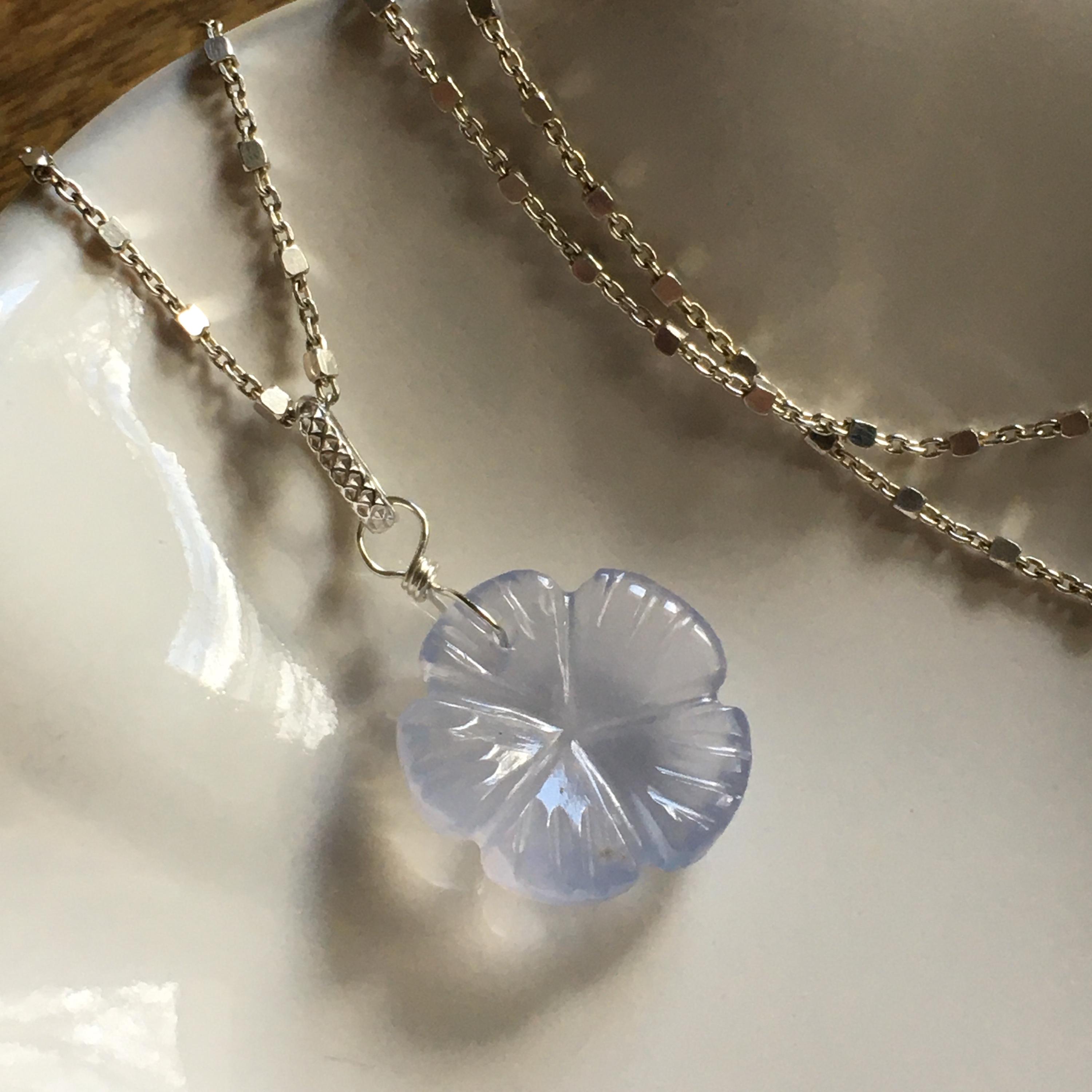 Blue Chalcedony Gemstone Flower Pendant