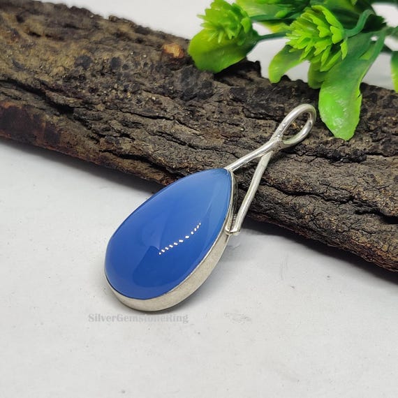 Handcrafted 925 Sterling Silver Blue Chalcedony Pear Pendant