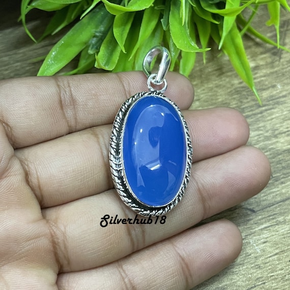 Handmade Blue Chalcedony 925 Sterling Silver Pendant