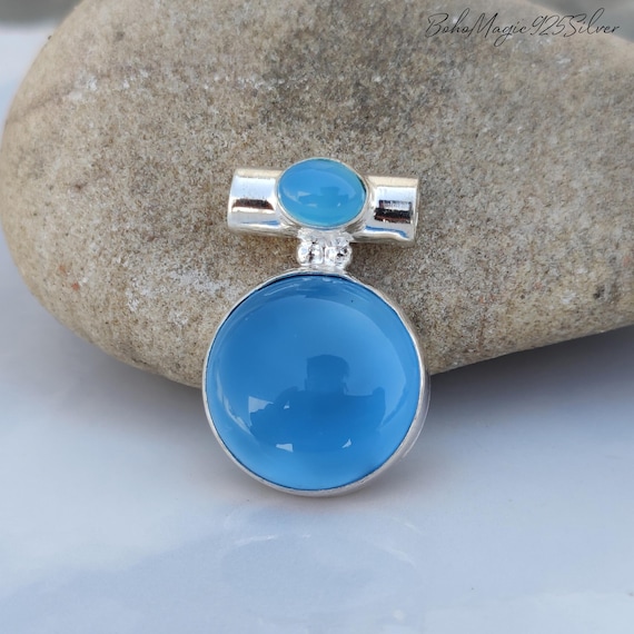 Handmade Blue Chalcedony 925 Sterling Silver Pendant Necklace