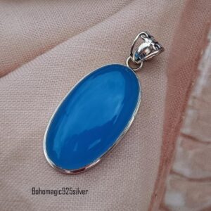 Handmade Blue Chalcedony 925 Sterling Silver Oval Pendant