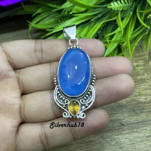 Handmade Blue Chalcedony 925 Sterling Silver Pendant