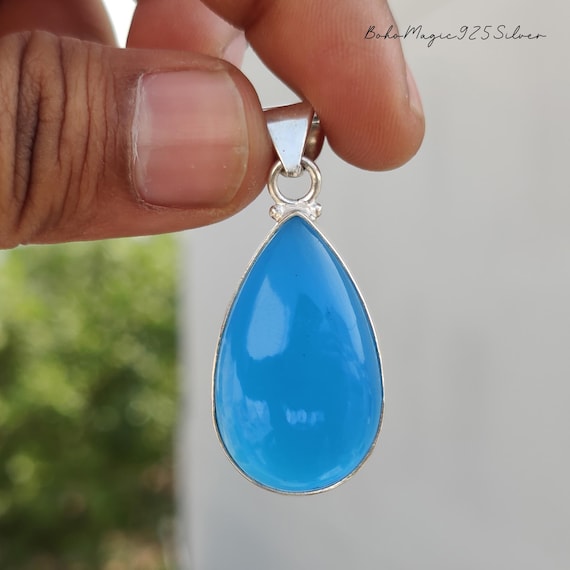 Handmade Blue Chalcedony 925 Sterling Silver Pear Pendant