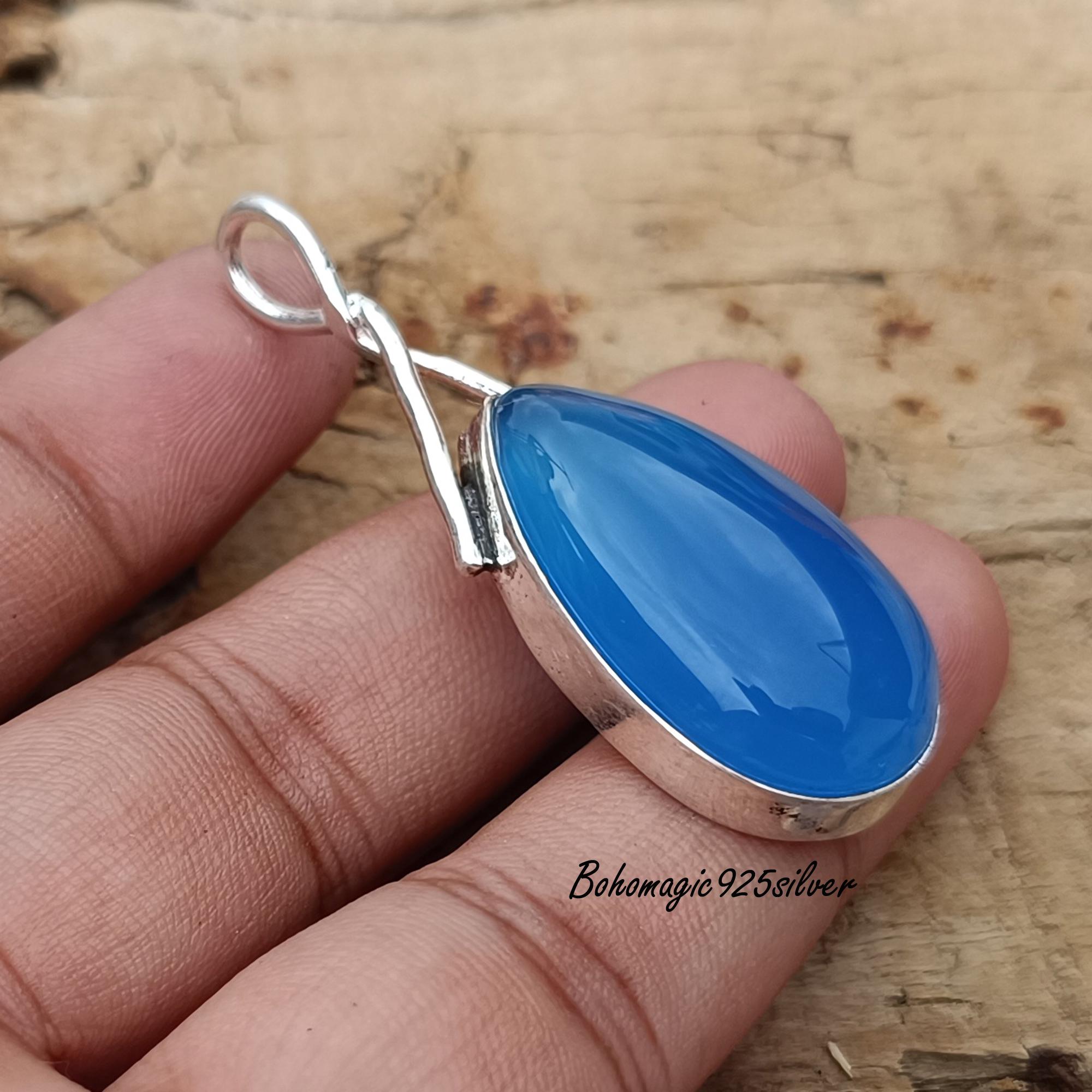 Handmade Blue Chalcedony Pendant: 925 Sterling Silver Necklace