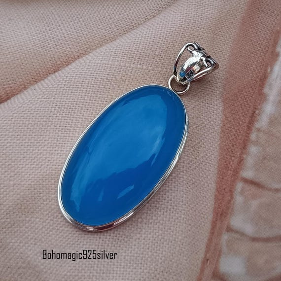 Handmade Blue Chalcedony 925 Sterling Silver Oval Pendant