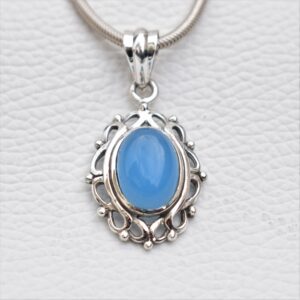 Handmade 925 Sterling Silver Blue Chalcedony Pendant: Oval Gemstone