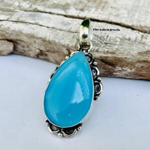 Handmade Teardrop Blue Chalcedony Pendant: 925 Sterling Silver