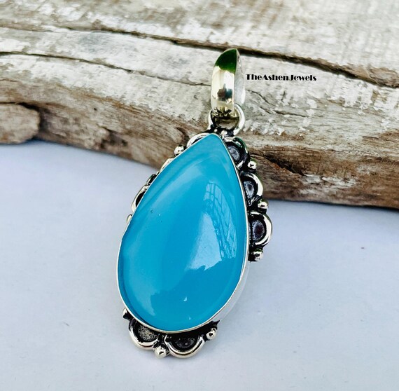 Handmade Teardrop Blue Chalcedony Pendant: 925 Sterling Silver