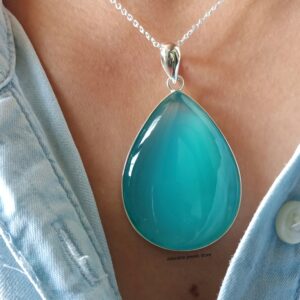 Handmade Blue Chalcedony Pendant: Sterling Silver Pear Cabochon (40x30mm)