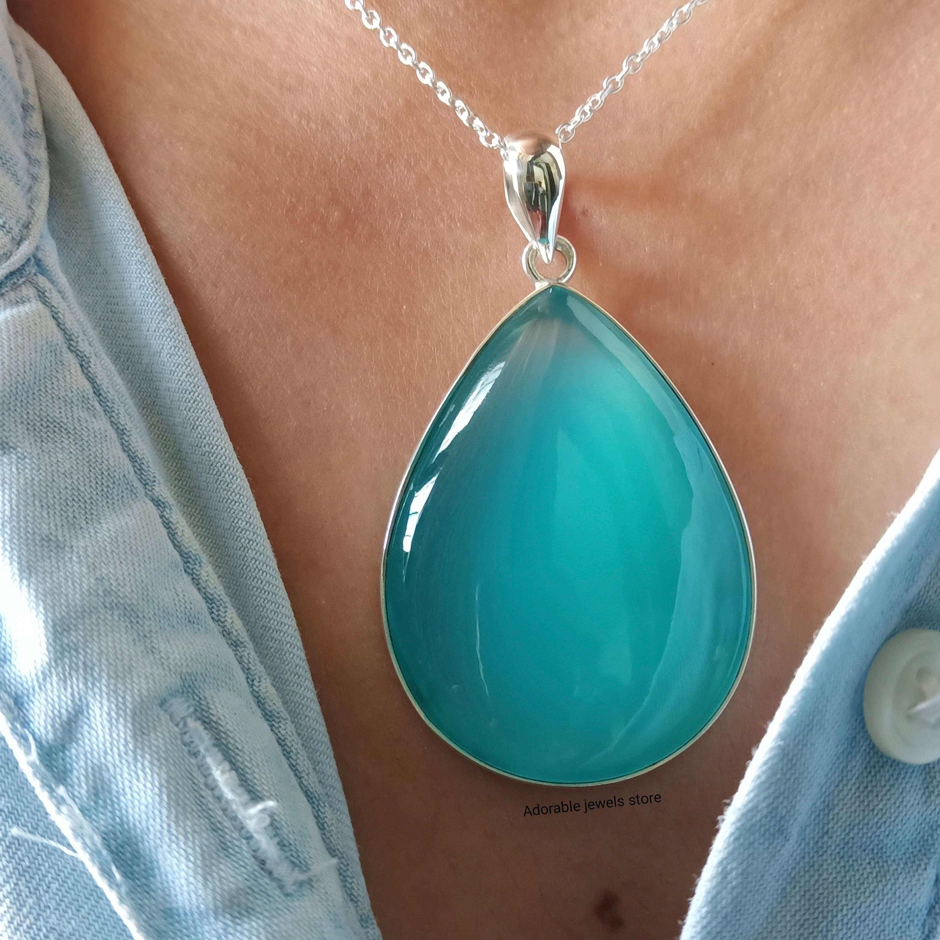 Handmade Blue Chalcedony Pendant: Sterling Silver Pear Cabochon (40x30mm)