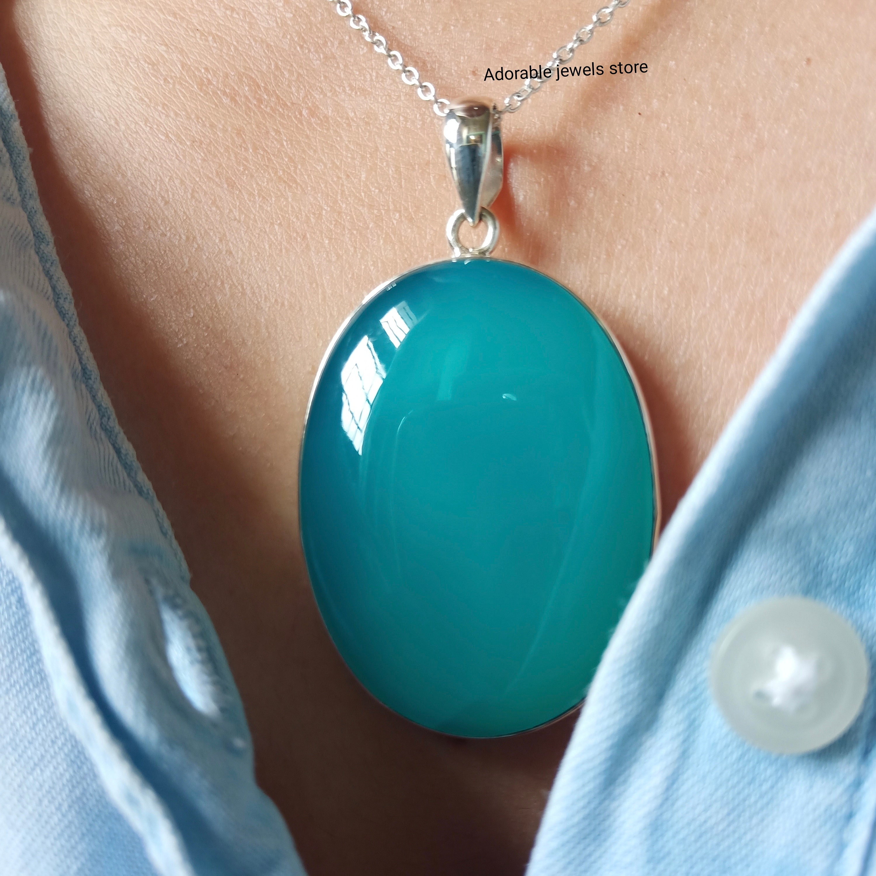 Large Blue Chalcedony Pendant: Sterling Silver Gemstone (40x30mm) Large Blue Chalcedony Pendant: Sterling Silver Gemstone (40x30mm)