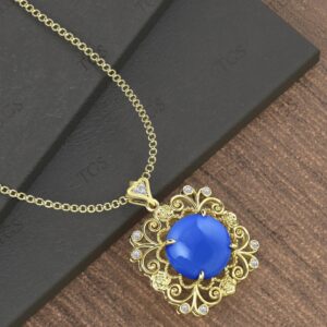 Natural Blue Chalcedony Floral Pendant For Women 925 Silver Blue Chalcedony Wedding Necklace Art Deco Filigree Style Bridal Pendant For Her