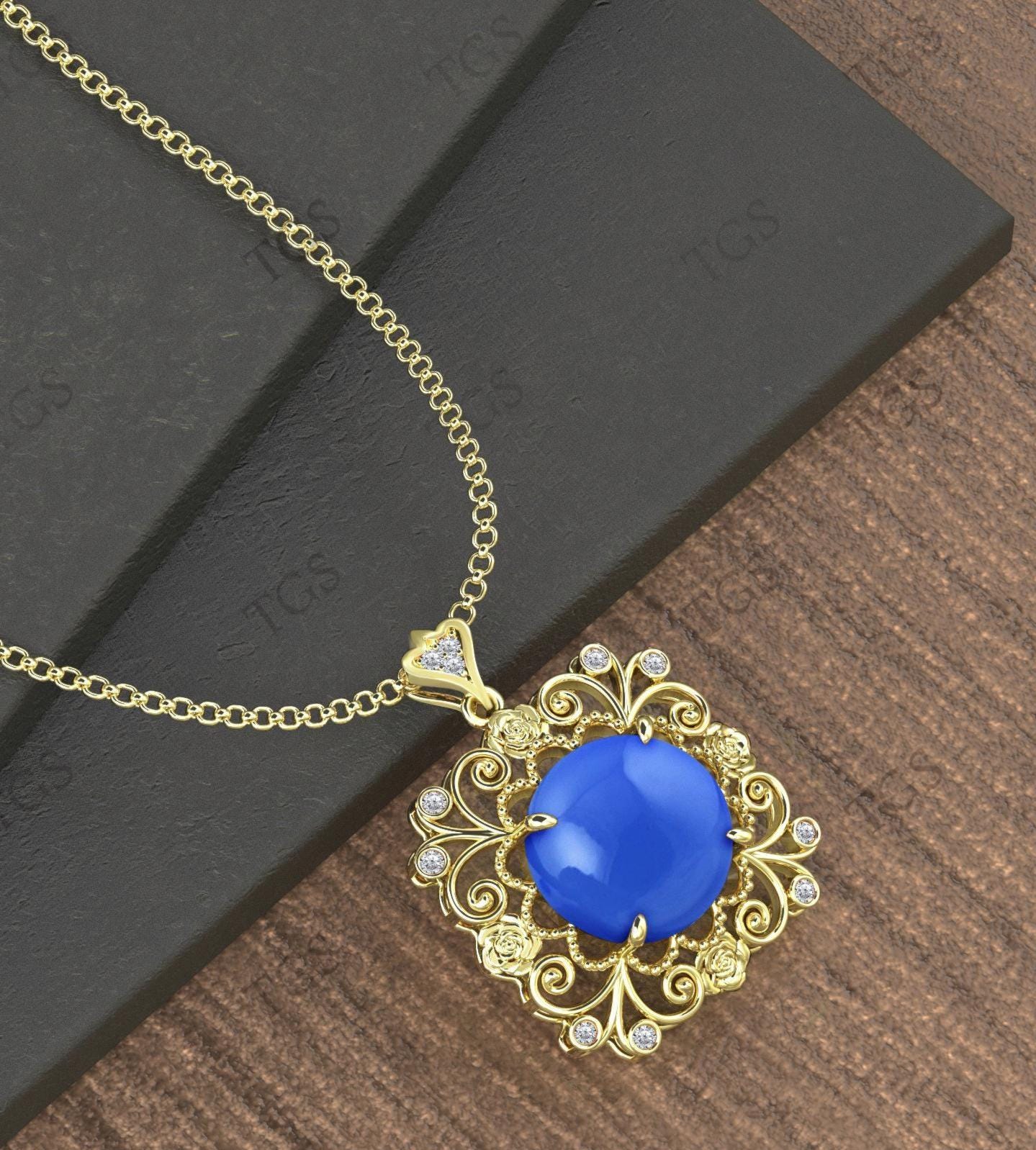 Natural Blue Chalcedony Floral Pendant For Women 925 Silver Blue Chalcedony Wedding Necklace Art Deco Filigree Style Bridal Pendant For Her